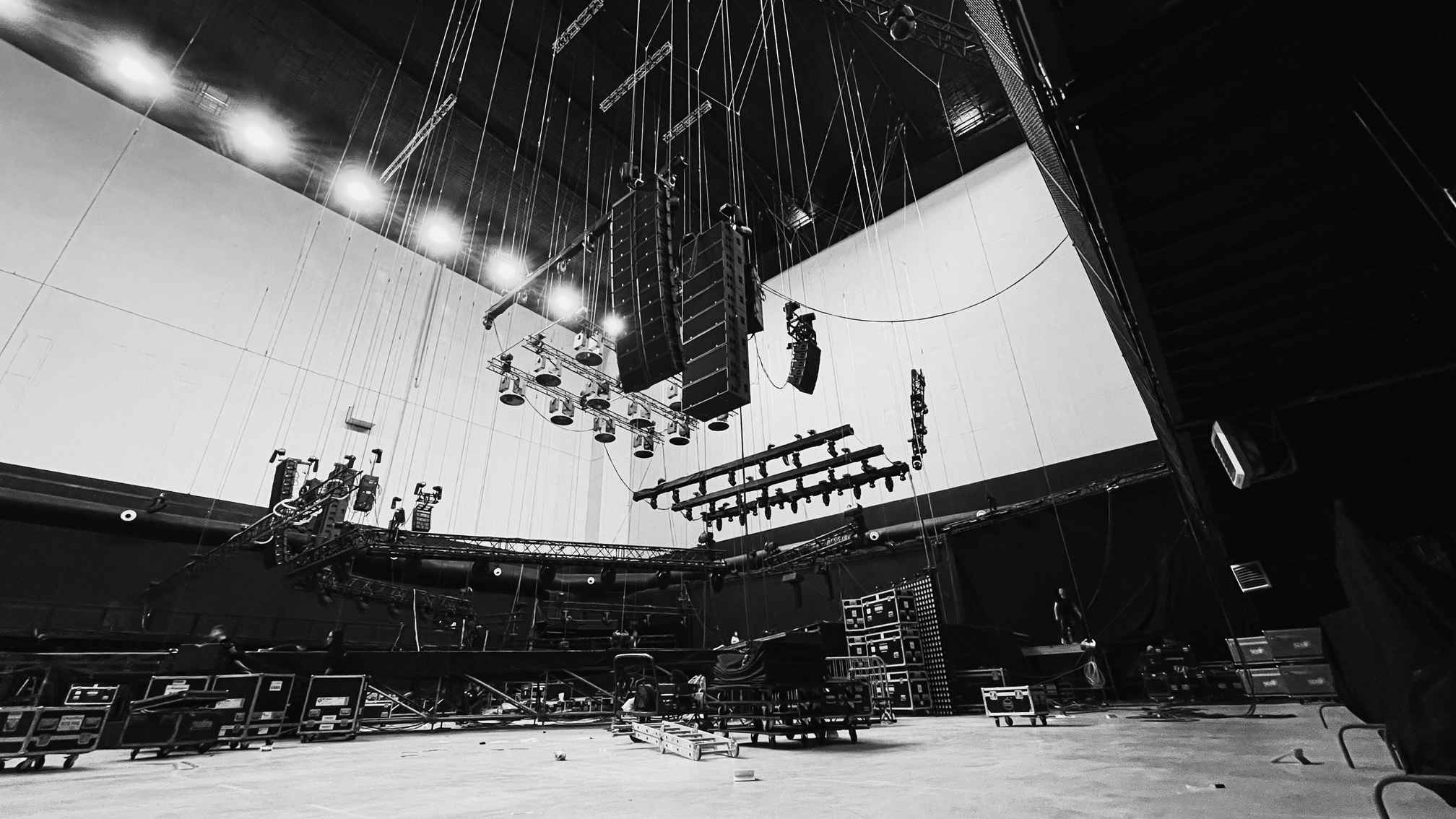 Grayscale Photo of a Stage Setup